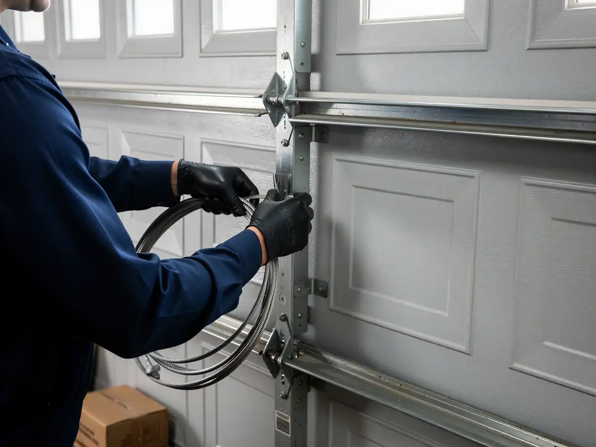A technician in black gloves holds a coiled cable next to a white garage door.