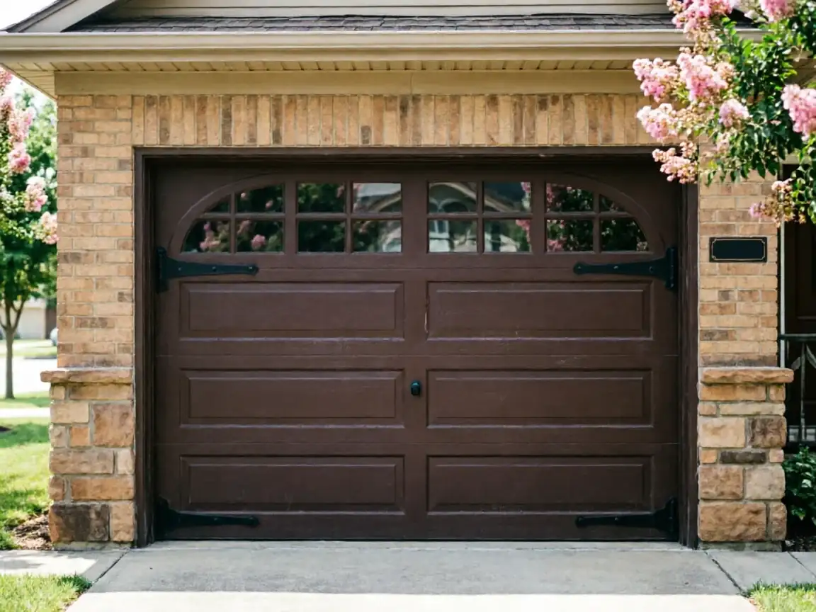 A brown garage door with decorative hardware and windows is set in a brick house.