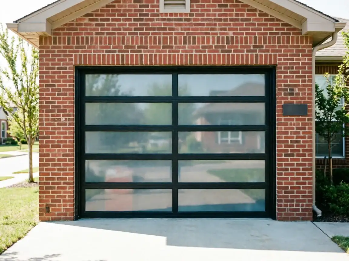 A modern garage door with frosted glass panels on a brick house.