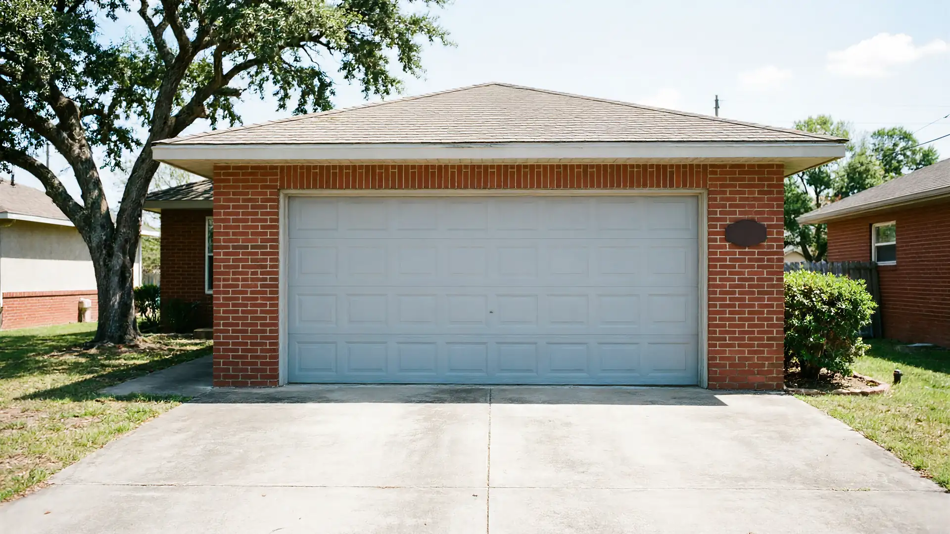 A light gray garage door is centered on a red brick house.
