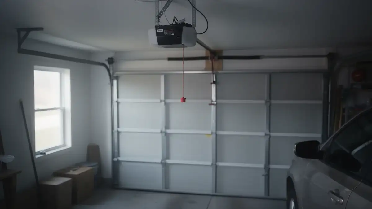 A garage door opener is mounted above a closed garage door.