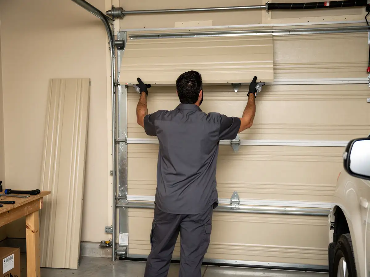 A technician in a gray uniform is installing a beige garage door panel.